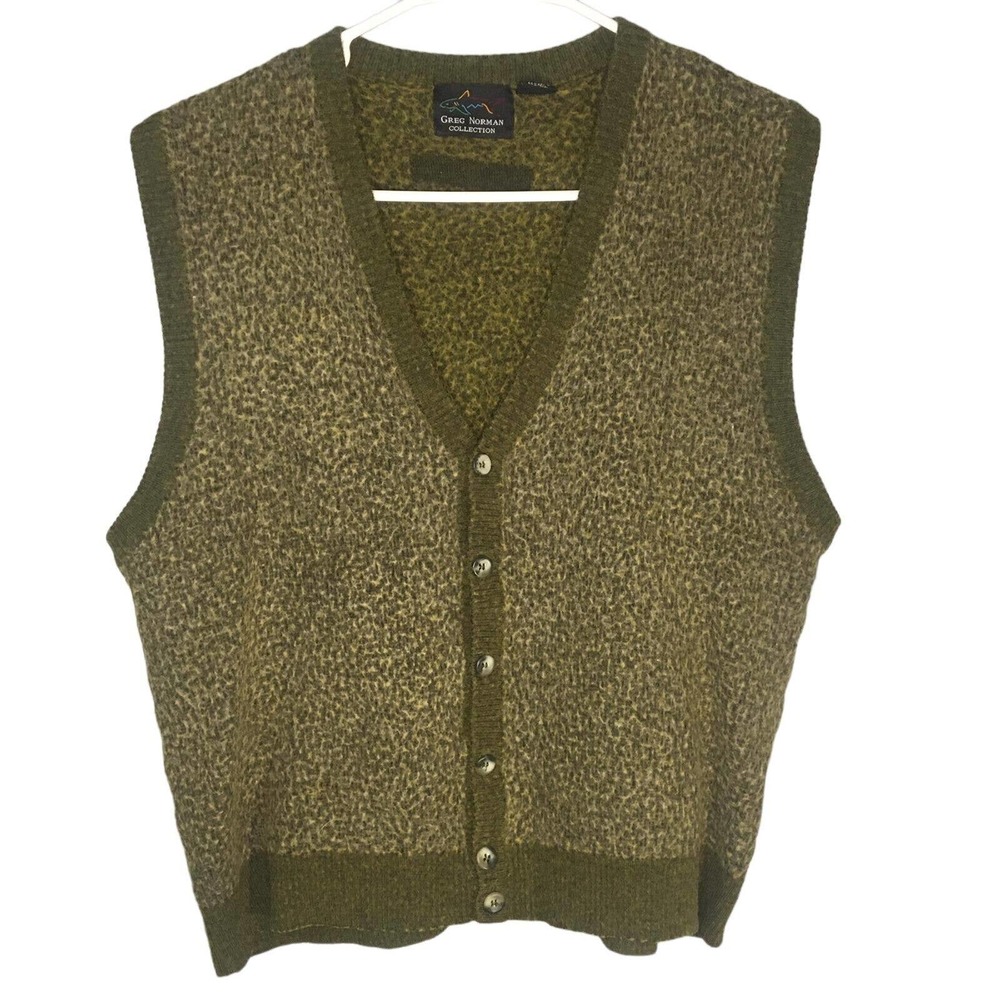 Greg Norman Men's Vest Large Green Merino Wool V-neck Sleeveless Knit Sweater